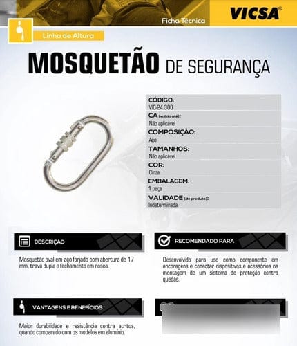 02 unidades de Mosquetão em Aço Oval Vicsa 17mm Trava Dupla 23kN VIC24300