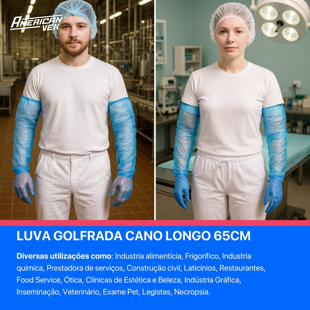 100 Unidades Luva Polietileno Azul Descartável Plástica Cano Longo 65cm