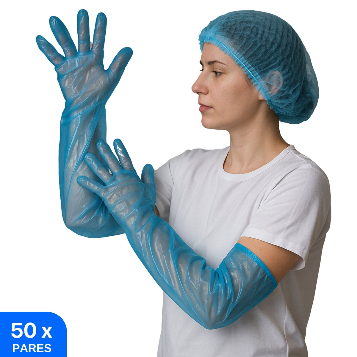 100 Unidades Luva Polietileno Azul Descartável Plástica Cano Longo 65cm