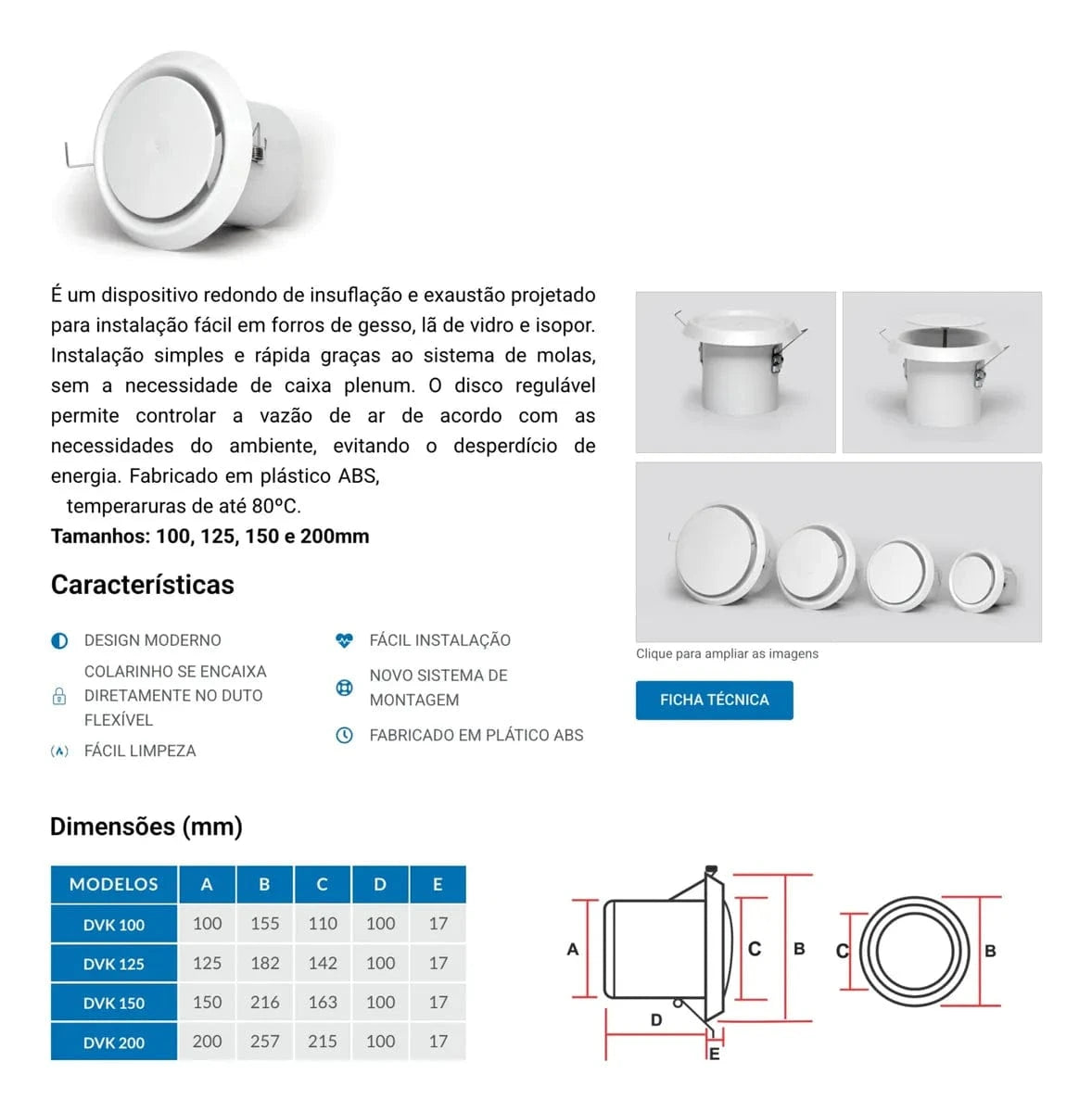 Acabamento Difusor de Ar Redondo Fixação Mola -  100mm