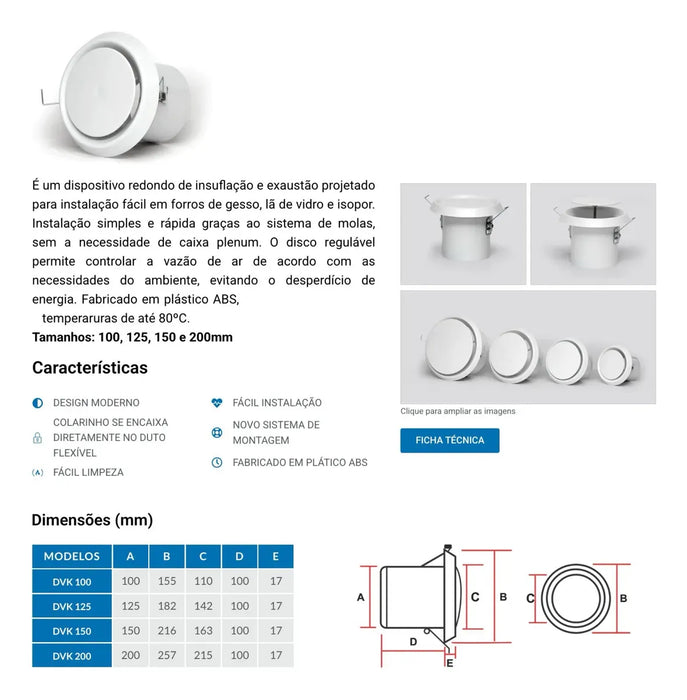 Acabamento Difusor de Ar Redondo Fixação Mola - 150mm
