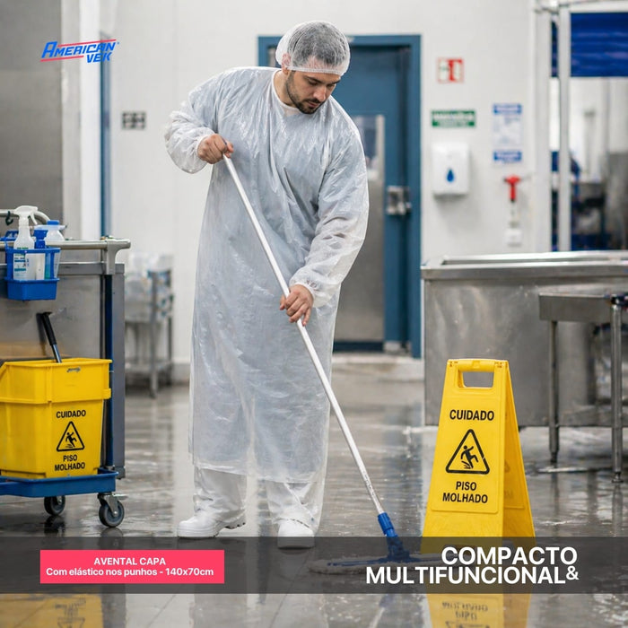 Avental Capa Impermeável Branco em Polietileno Manga Longa com Elástico (25 Unds) | CA30012