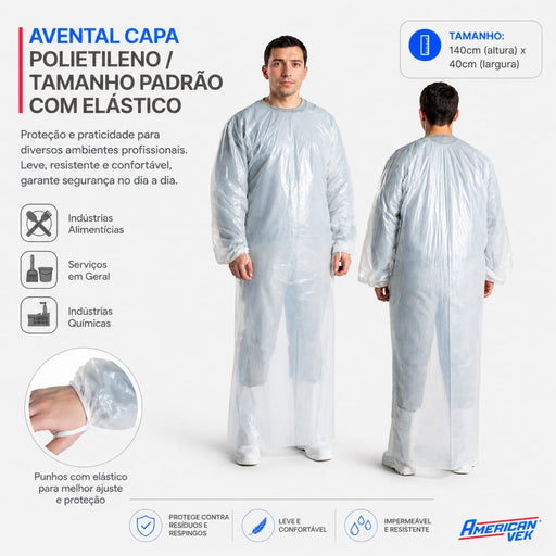 Avental Capa Impermeável Branco em Polietileno Manga Longa com Elástico (25 Unds) | CA30012