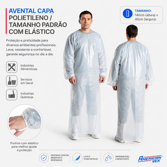 Avental Capa Impermeável Branco em Polietileno Manga Longa com Elástico (25 Unds) | CA30012