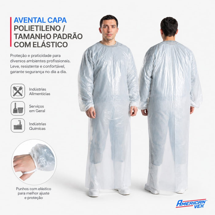 Avental Capa Impermeável Branco em Polietileno Manga Longa com Elástico (25 Unds) | CA30012