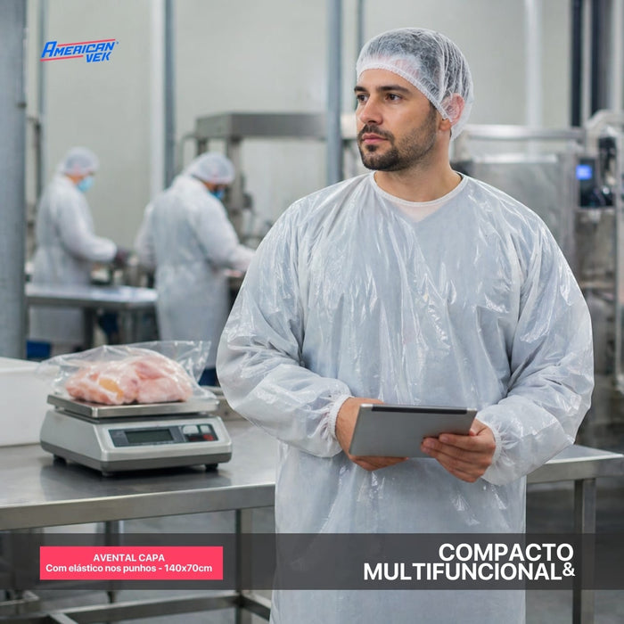 Avental Capa Impermeável Branco em Polietileno Manga Longa com Elástico (25 Unds) | CA30012