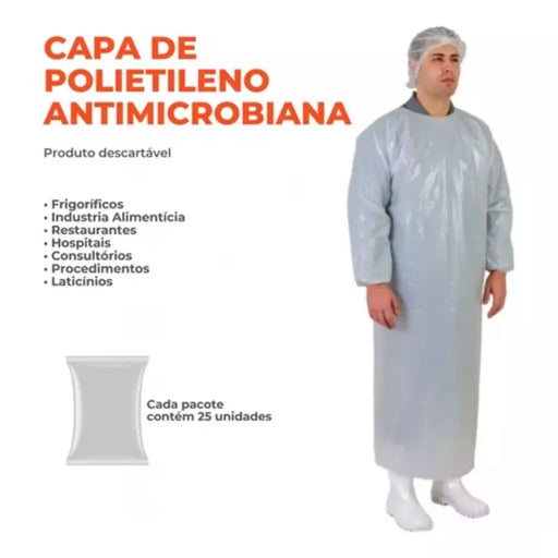 Avental Capa Impermeável Branco em Polietileno Manga Longa com Elástico (25 Unds) | CA30360