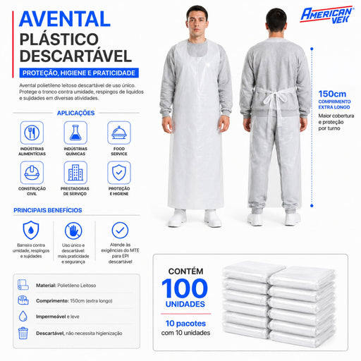 Avental Plástico Descartável Impermeável Extra Longo 150x80 Branco (100 Unds)