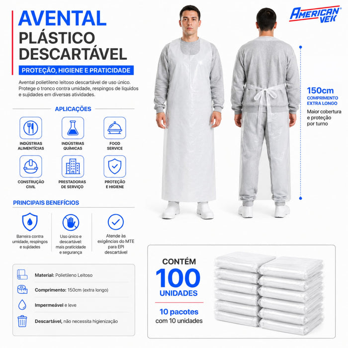 Avental Plástico Descartável Impermeável Extra Longo 150x80 Branco (100 Unds)