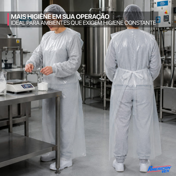 Avental Plástico Descartável Impermeável Extra Longo 150x80 Branco (100 Unds)