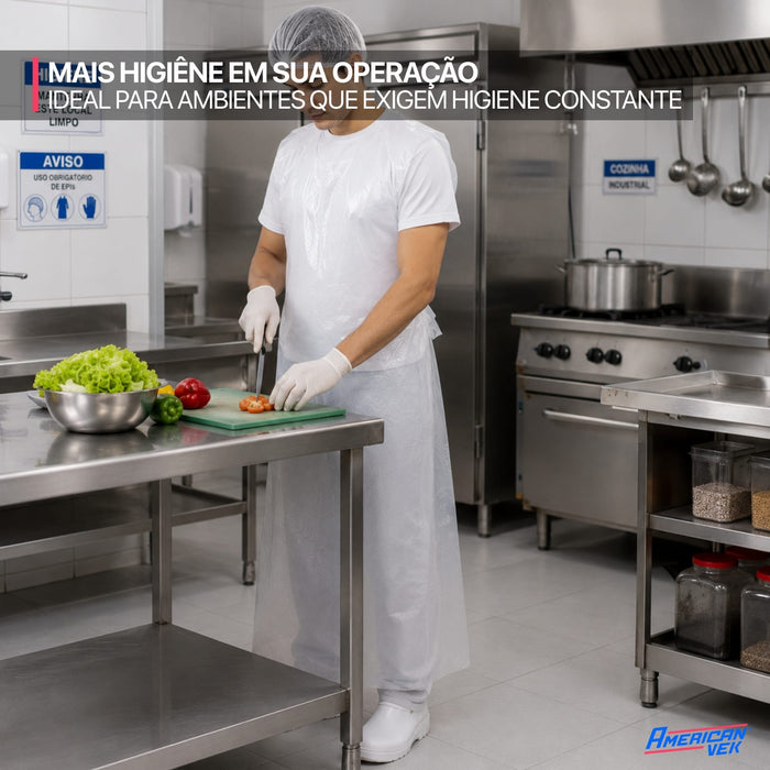 Avental Plástico Descartável Impermeável Extra Longo 150x80 Branco (100 Unds)
