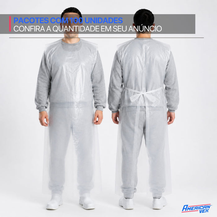 Avental Plástico Descartável Impermeável Extra Longo 150x80 Branco (100 Unds)
