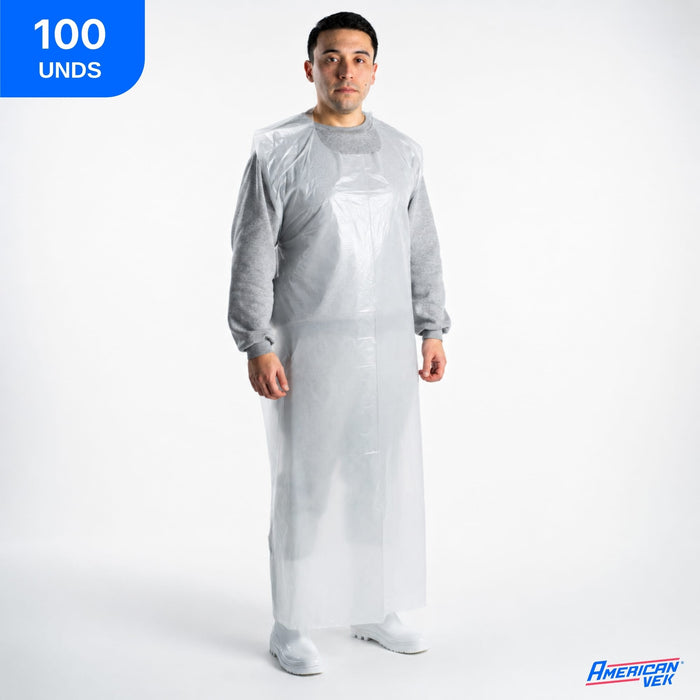 Avental Plástico Descartável Impermeável Extra Longo 150x80 Branco (100 Unds)