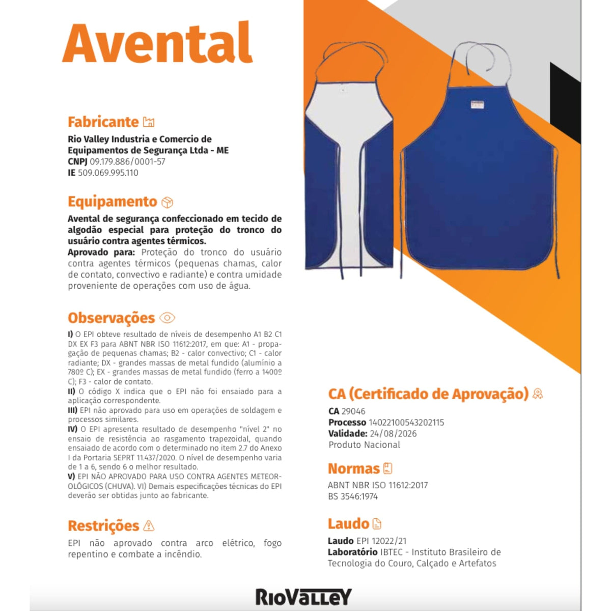 Avental Térmico Cozinha Industrial até 350ºC 90 x 70cm RIO181 - CA29046