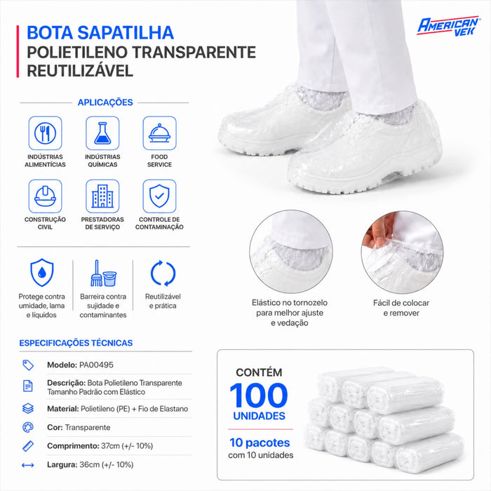Bota Propé em Polietileno Transparente com Elástico Impermeável – (100 Unds)