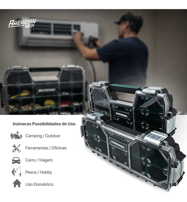 Caixa de Ferramentas Organizador Maleta 10 Divisórias - Tampa Transparente e Travas Metálicas