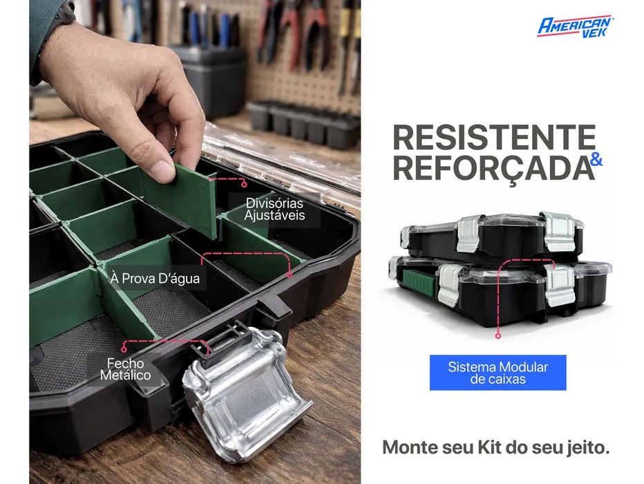 Caixa de Ferramentas Organizador Maleta 10 Divisórias - Tampa Transparente e Travas Metálicas