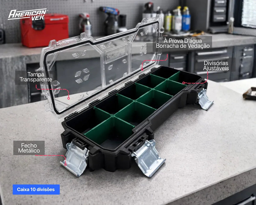 Caixa de Ferramentas Organizador Maleta 10 Divisórias - Tampa Transparente e Travas Metálicas