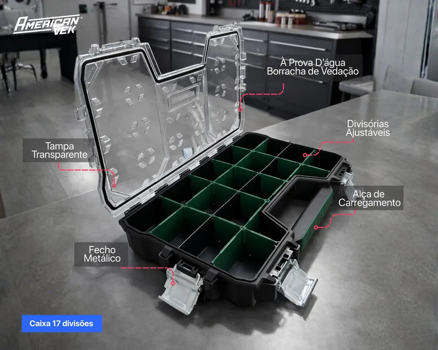 Caixa de Ferramentas Organizador Maleta 17 Divisórias - Tampa Transparente e Travas Metálicas