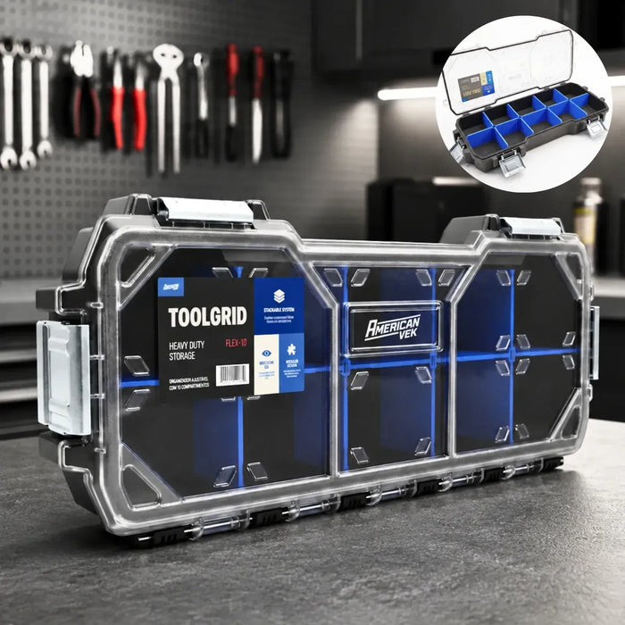 Caixa Organizadora ToolGrid Flex 10 – 10 Compartimentos Ajustáveis Tampa Transparente | Sistema Modular Americanvek