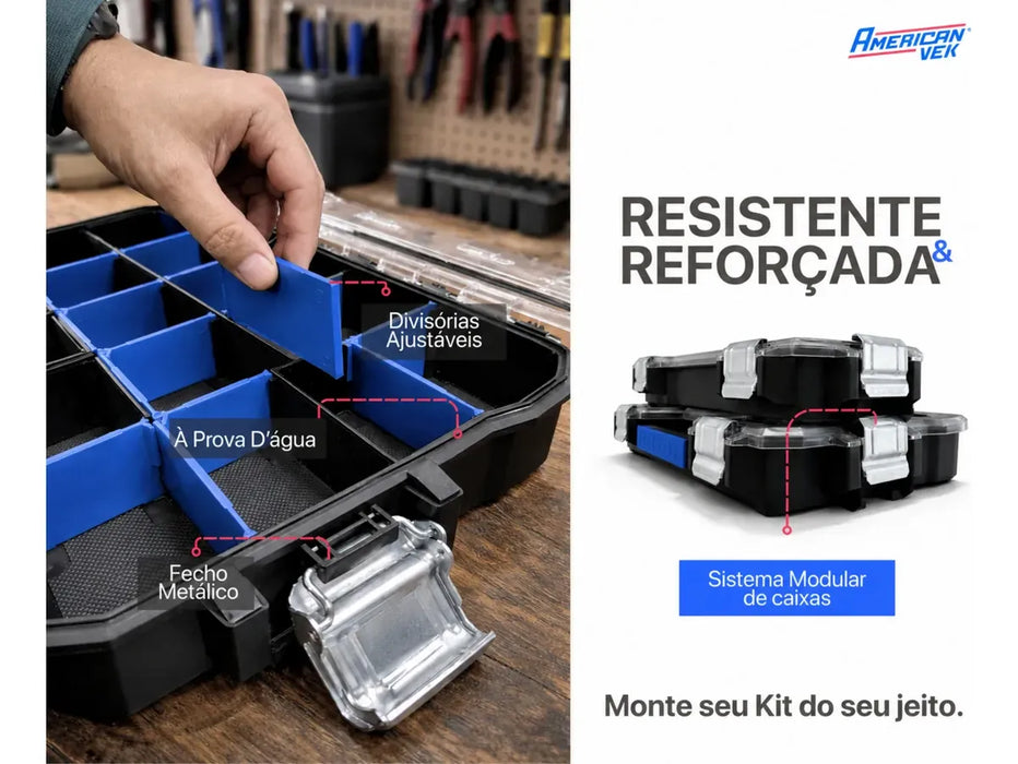 Caixa Organizadora ToolGrid Flex 10 – 10 Compartimentos Ajustáveis Tampa Transparente | Sistema Modular Americanvek