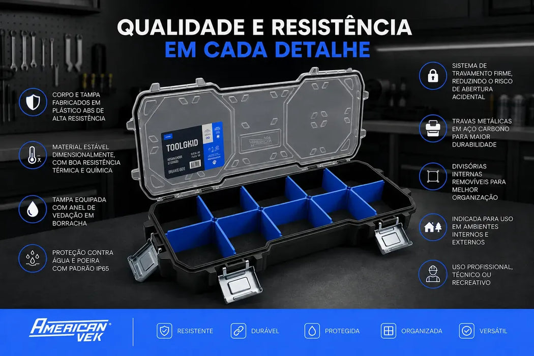 Caixa Organizadora ToolGrid Flex 10 – 10 Compartimentos Ajustáveis Tampa Transparente | Sistema Modular Americanvek