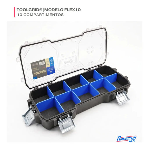 Caixa Organizadora ToolGrid Flex 10 – 10 Compartimentos Ajustáveis Tampa Transparente | Sistema Modular Americanvek