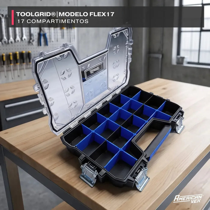 Caixa OrganizadorA ToolGrid Flex 17 – 17 Compartimentos Ajustáveis Tampa Transparente | Sistema Modular Americanvek