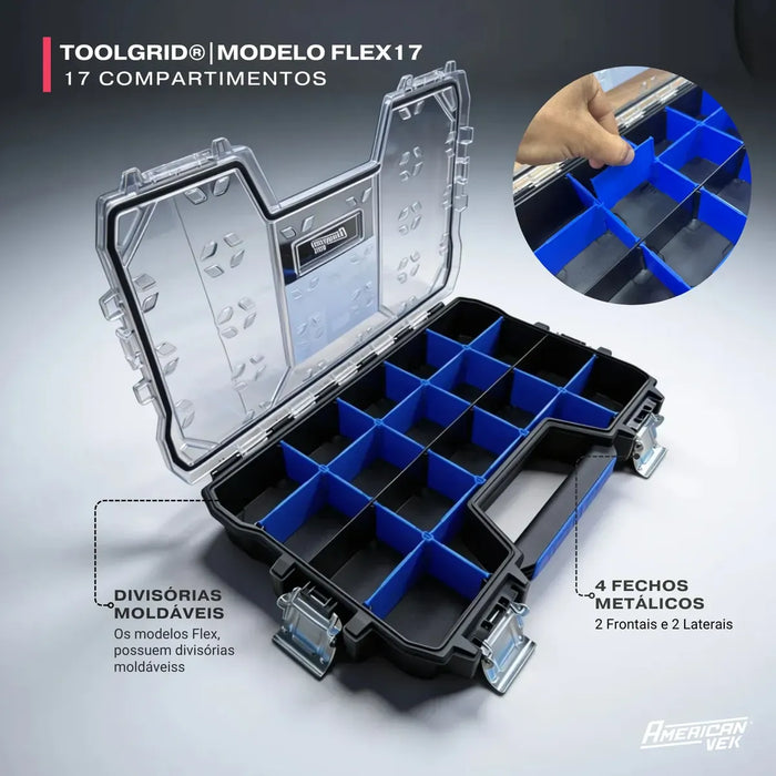 Caixa OrganizadorA ToolGrid Flex 17 – 17 Compartimentos Ajustáveis Tampa Transparente | Sistema Modular Americanvek