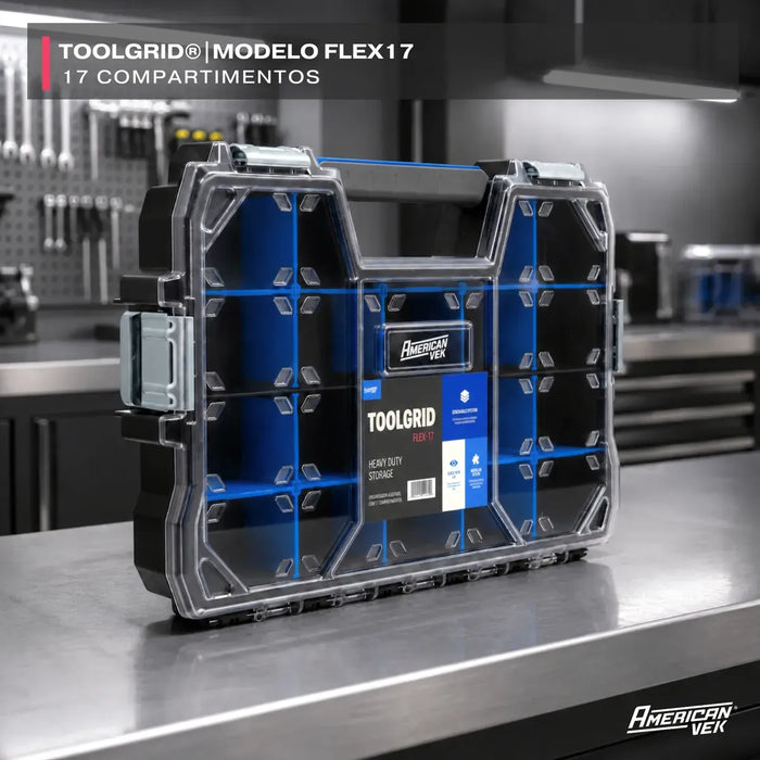 Caixa OrganizadorA ToolGrid Flex 17 – 17 Compartimentos Ajustáveis Tampa Transparente | Sistema Modular Americanvek