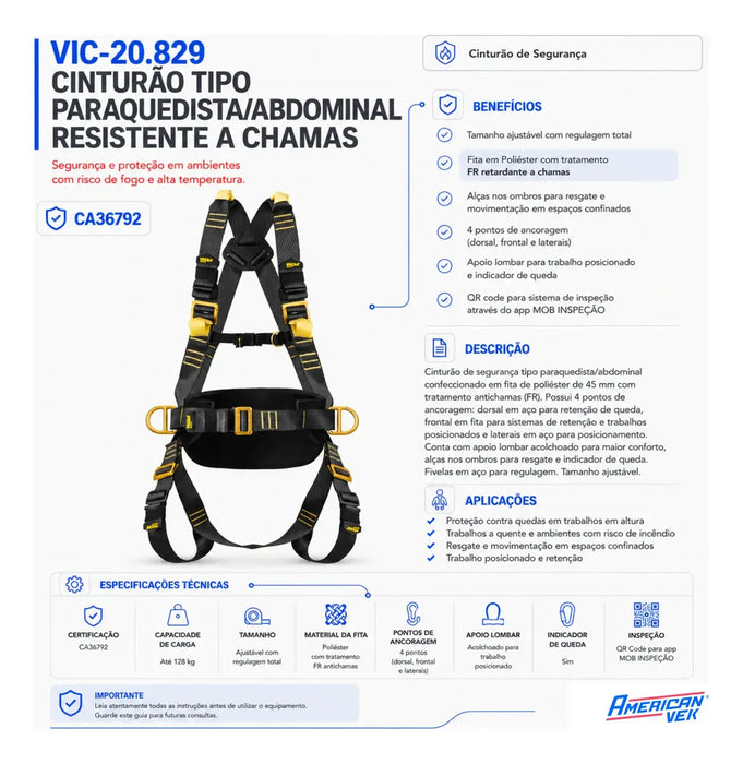 Cinto de Segurança 4 Pontos Antichamas em Aramida Vicsa VIC20829 Suporta até 140kg - CA36792