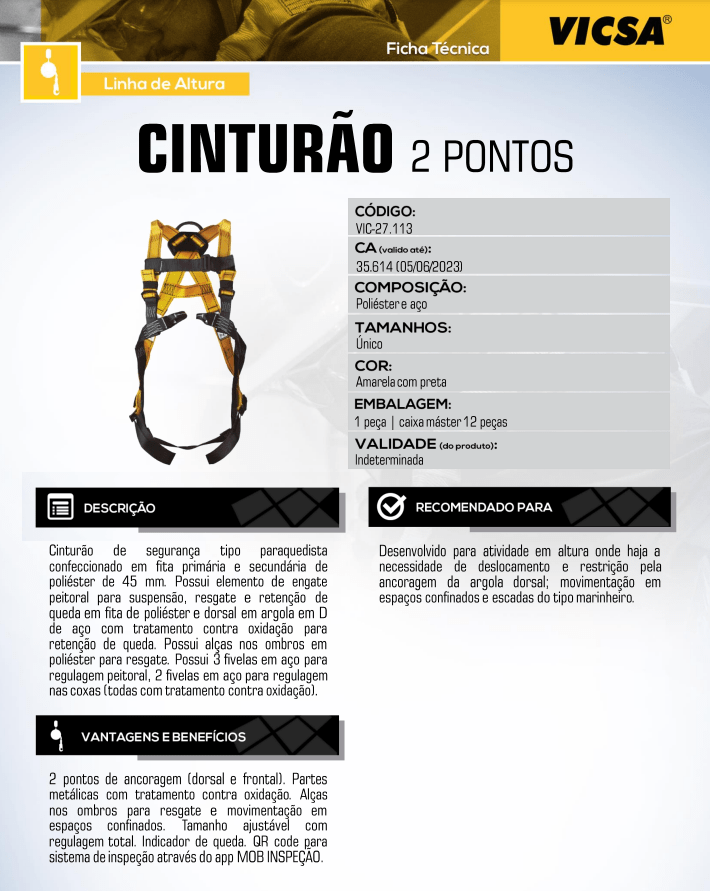 Cinto de Segurança Paraquedista 2 Pontos Vicsa VIC27113 - CA35614
