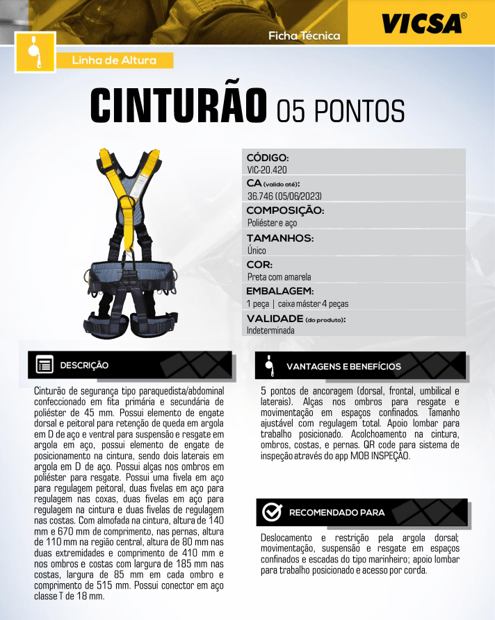 Cinto de Segurança Paraquedista 5 Pontos Vicsa VIC20420 - CA36746