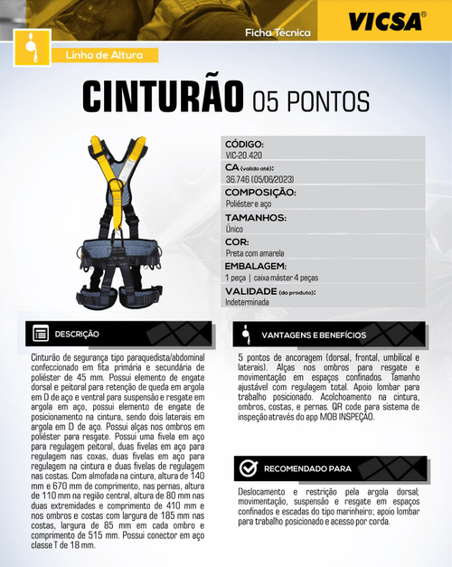 Cinto de Segurança Paraquedista 5 Pontos Vicsa VIC20420 - CA36746