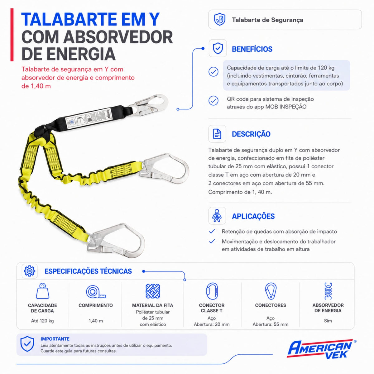 Cinturão de Altura 4 Pontos VIC20529 Com Talabarte Duplo Y ABS 55mm 1.4m VIC23605 - CA35613
