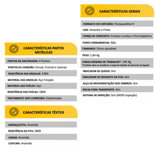 Cinturão de Segurança Paraquedista Design H em Aramida e 4 Pontos de Ancoragem VIC20531