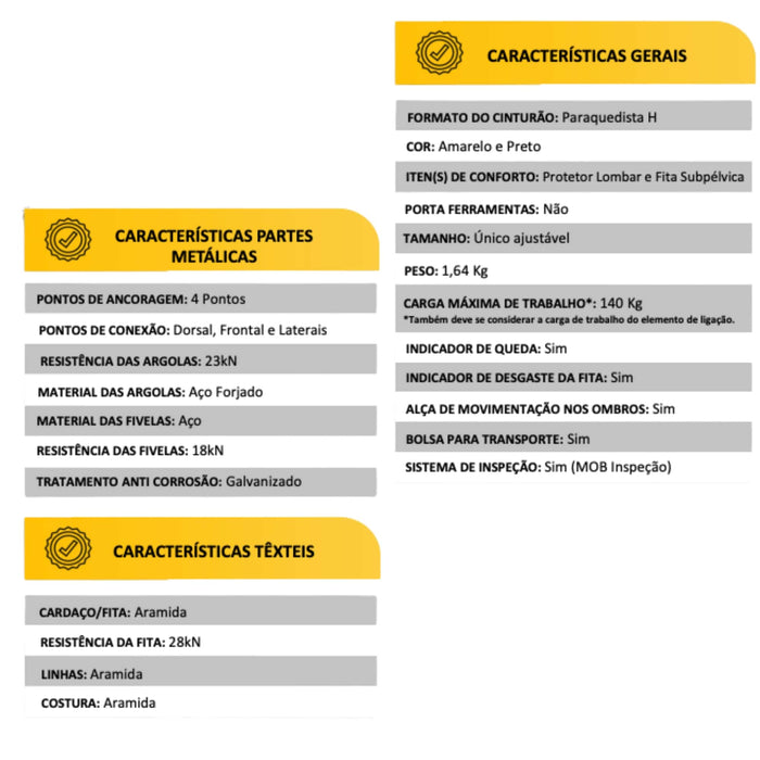 Cinturão de Segurança Paraquedista Design H em Aramida e 4 Pontos de Ancoragem VIC20531