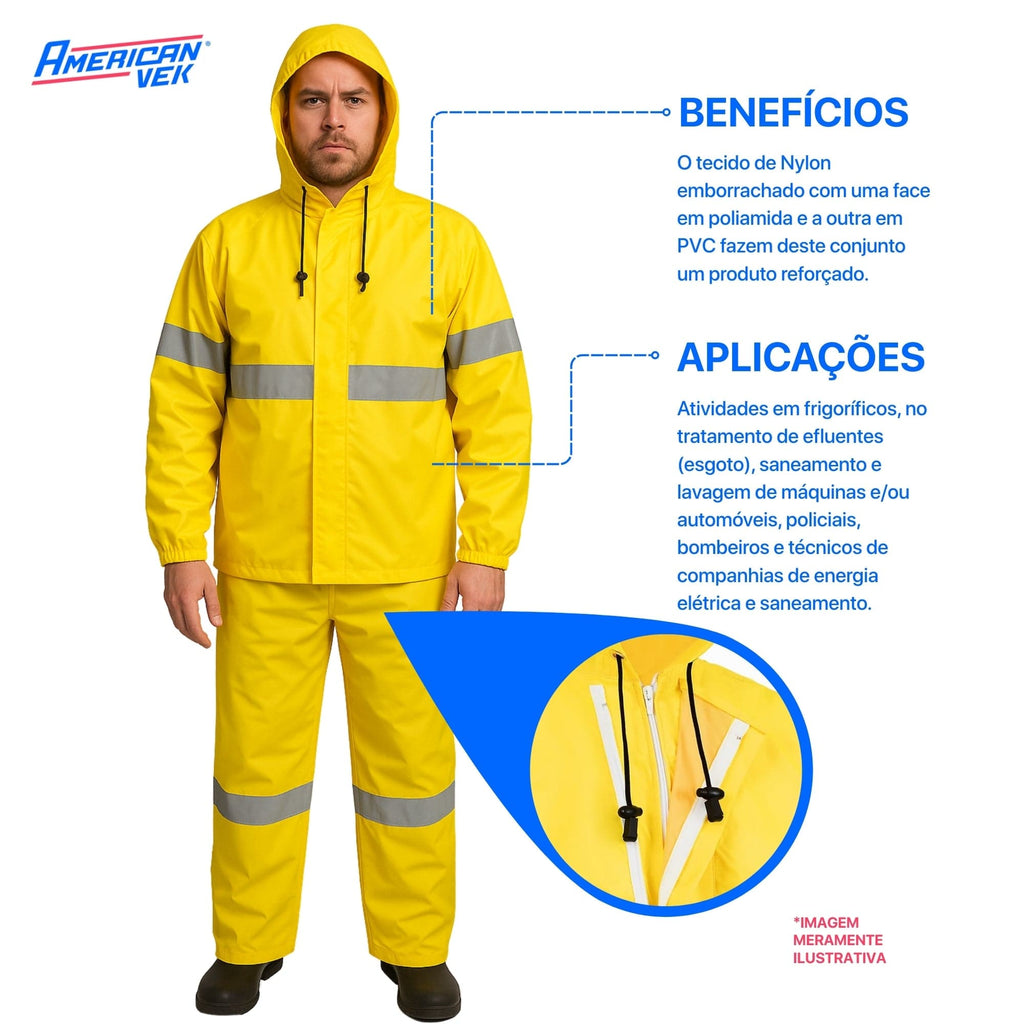 Conjunto Impermeável Amarelo Ouro Nylon emborrachado Ventilado com Faixa Refletiva Vértice — CA28740