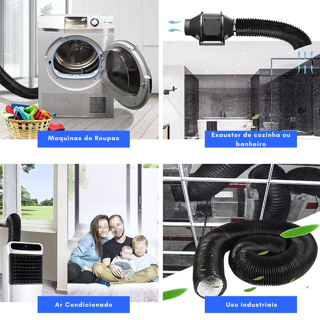 Duto de 100mm / 04 Polegadas Preto Aluminizado Flexivel Sem Isolamento -  5 Metros - Sistema de Ventilação, Exaustão, Cozinhas, Banheiros, Ar Condicionados, Industriais