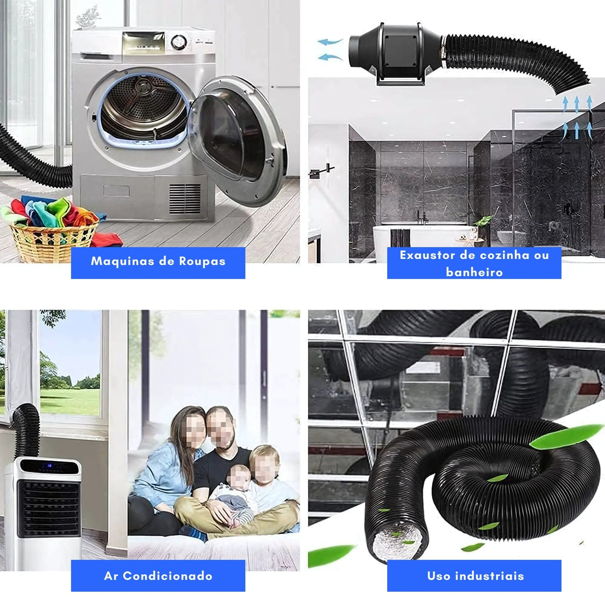 Duto de 100mm / 04 Polegadas Preto Aluminizado Flexivel Sem Isolamento -  5 Metros - Sistema de Ventilação, Exaustão, Cozinhas, Banheiros, Ar Condicionados, Industriais