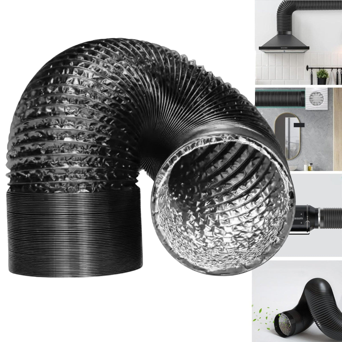 Duto de 100mm / 04 Polegadas Preto Aluminizado Flexivel Sem Isolamento -  5 Metros - Sistema de Ventilação, Exaustão, Cozinhas, Banheiros, Ar Condicionados, Industriais