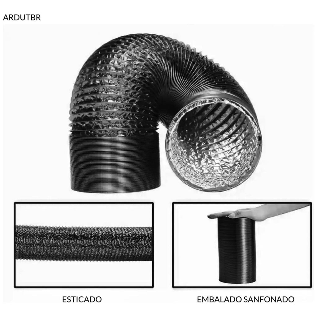 Duto de 100mm / 04 Polegadas Preto Aluminizado Flexivel Sem Isolamento -  5 Metros - Sistema de Ventilação, Exaustão, Cozinhas, Banheiros, Ar Condicionados, Industriais