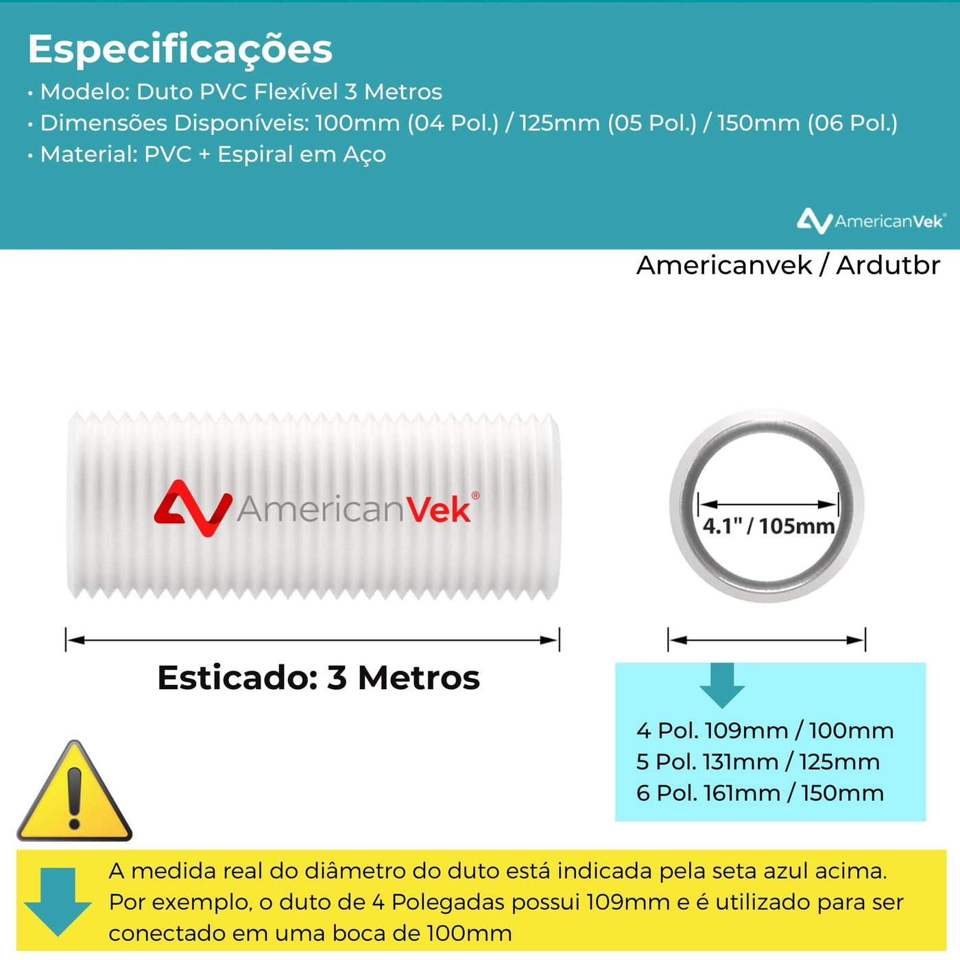 Duto Flexivel Pvc Branco 100Mm 4 Pol - 3 Metros - AmericanVek | Americanvek