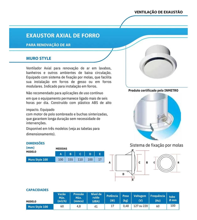 Exaustor Axial de Forro Para Banheiro Muro Style 100mm - Bivolt