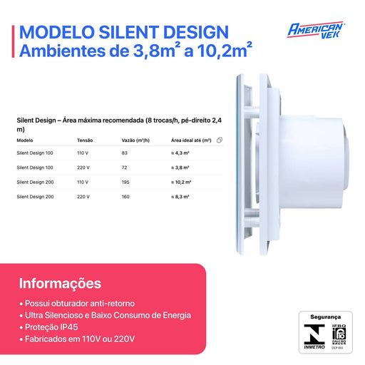 Exaustor Silencioso Anti Retorno Banheiro Silent Design 200CZ - 125mm (160m3/h-195m3/h) - 110/220V