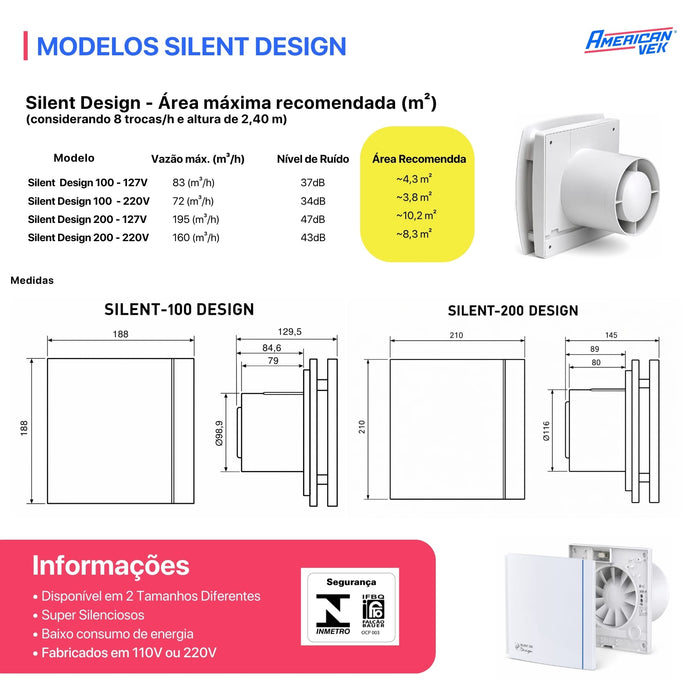 Exaustor Silencioso Anti Retorno Banheiro Silent Design 200CZ - 125mm (160m3/h-195m3/h) - 110/220V