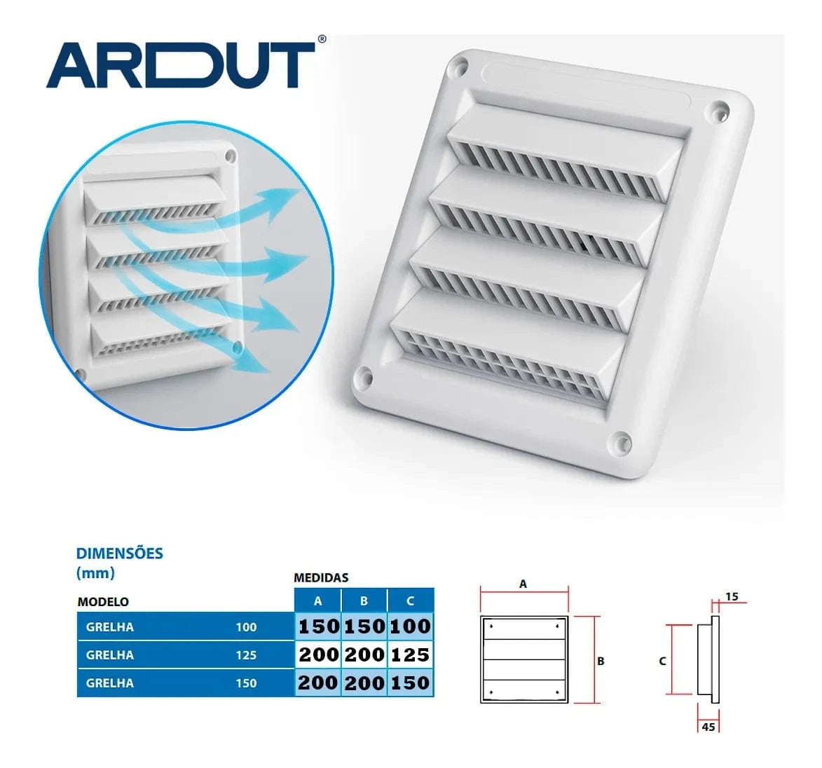 Grade de Ventilação Externa Quadrada Aleta Fixa Larga - 100mm