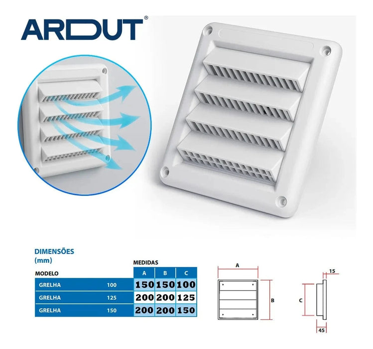 Grade de Ventilação Externa Quadrada Aleta Fixa Larga - 100mm