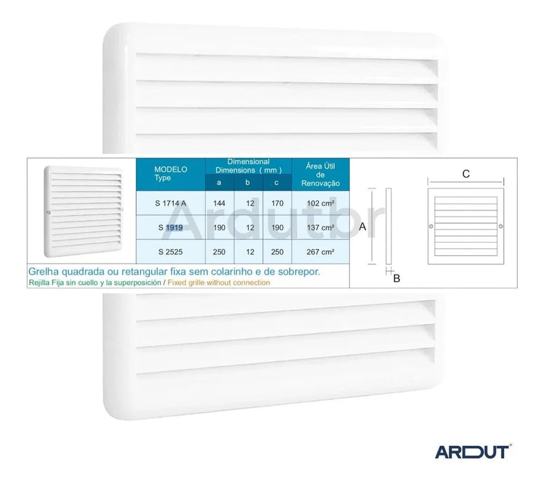 Grelha de Acabamento Quadrada Fixa de Sobrepor Sem Colarinho - 19x19