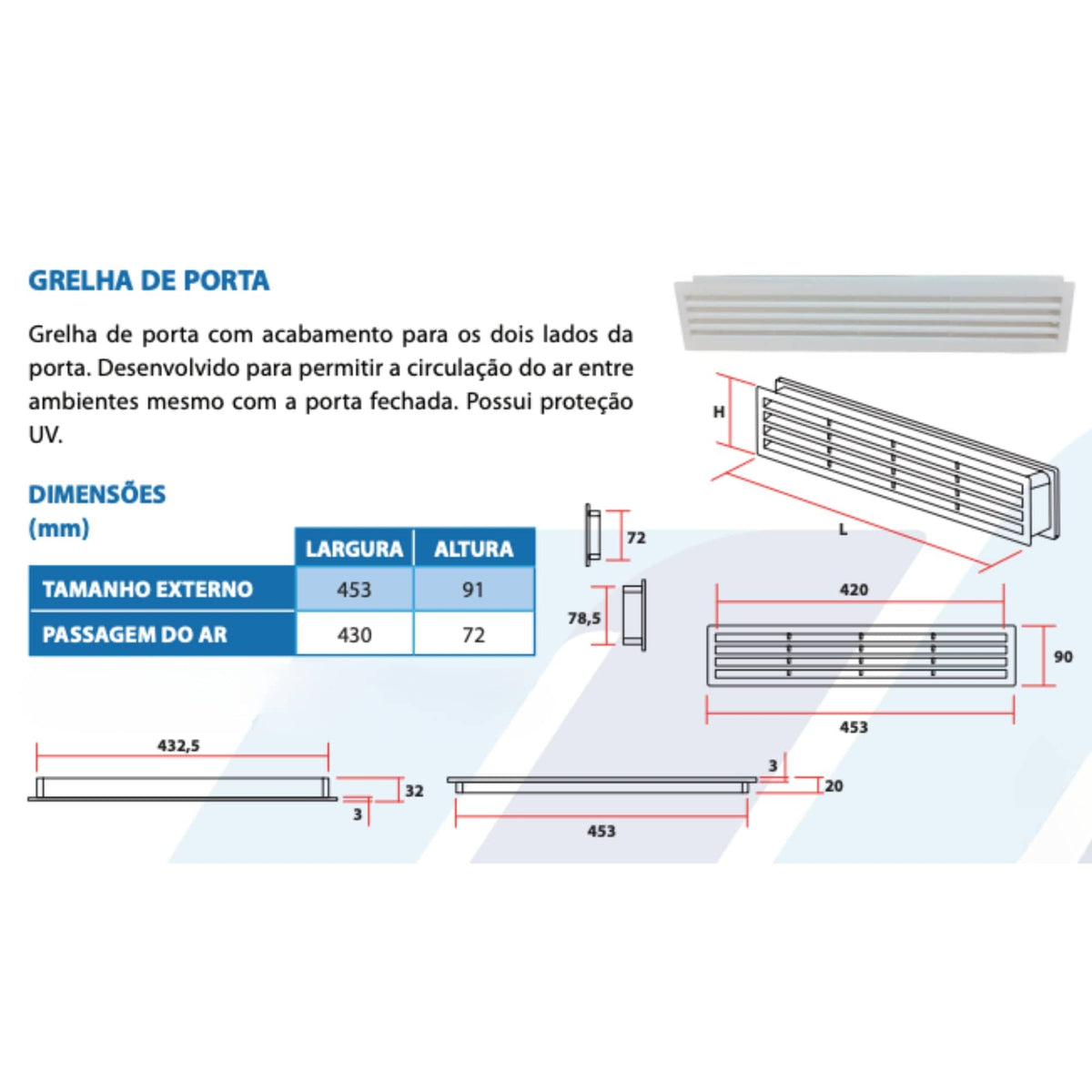 Grelha de Ventilação Para Porta em Plastico 453mm X 91mm